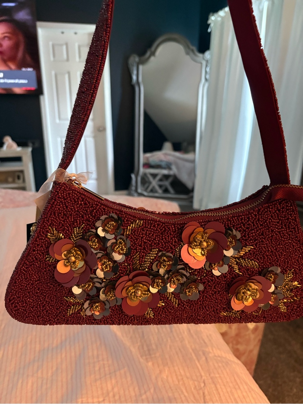 Embellished Red Beaded Floral Shoulder Satchel